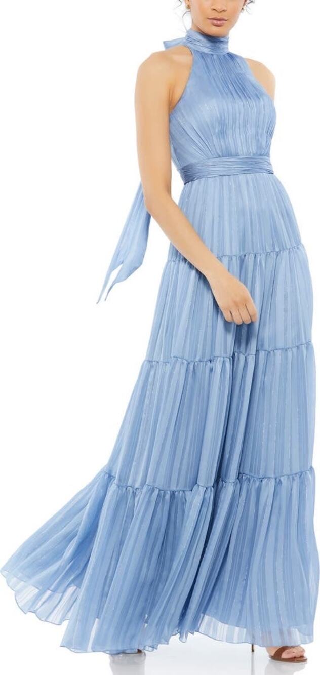 Mac Duggal Slate Blue Tie Halter Neck Chiffon Tiered Formal Gown Size 8